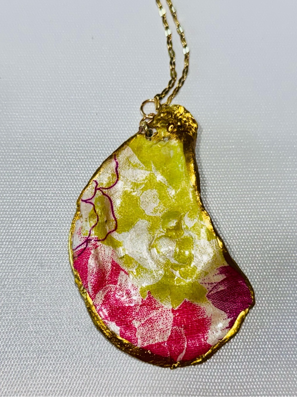 Handcrafted by Me Decoupage Shell Floral Pendant Necklace Gold Plated Chain